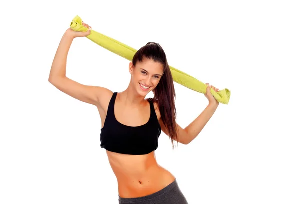 Gelukkig fitness meisje met groene handdoek — Stockfoto