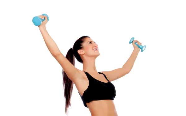 Happy brunette girl toning the muscles — Stock Photo, Image