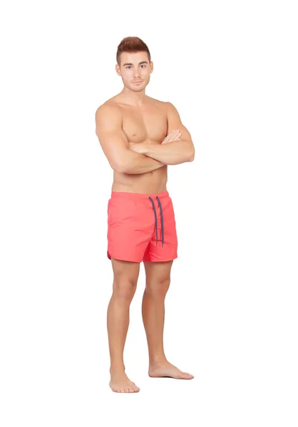 Handsome lifeguard with red swimsuit — Stock Photo, Image
