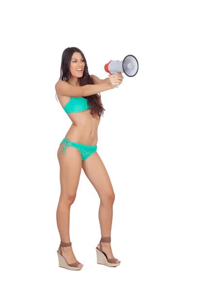 Mooie vrouw in bikini met megafoon — Stockfoto