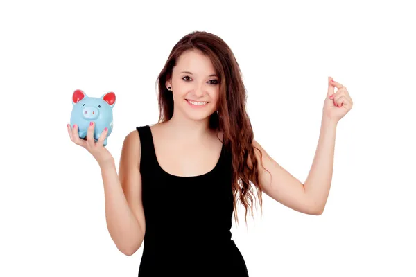 Casual young girl with a blue moneybox — Stock Photo, Image