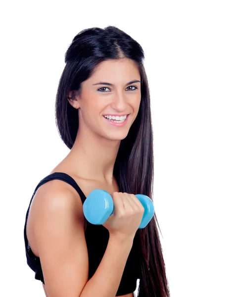 Happy brunette girl with blue dumbbells — Stock Photo, Image