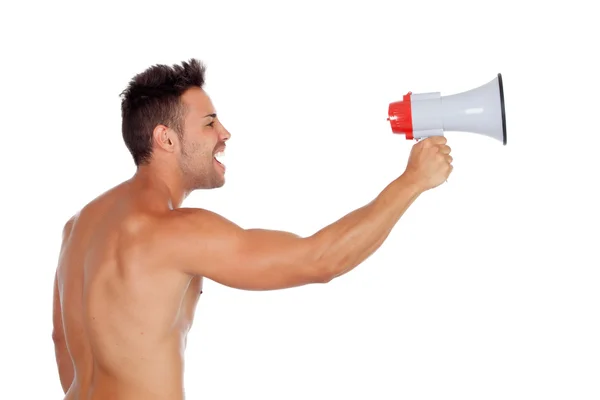 Homem musculoso com um megafone — Fotografia de Stock