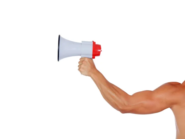 Muscular arm with a megaphone — Stock Photo, Image