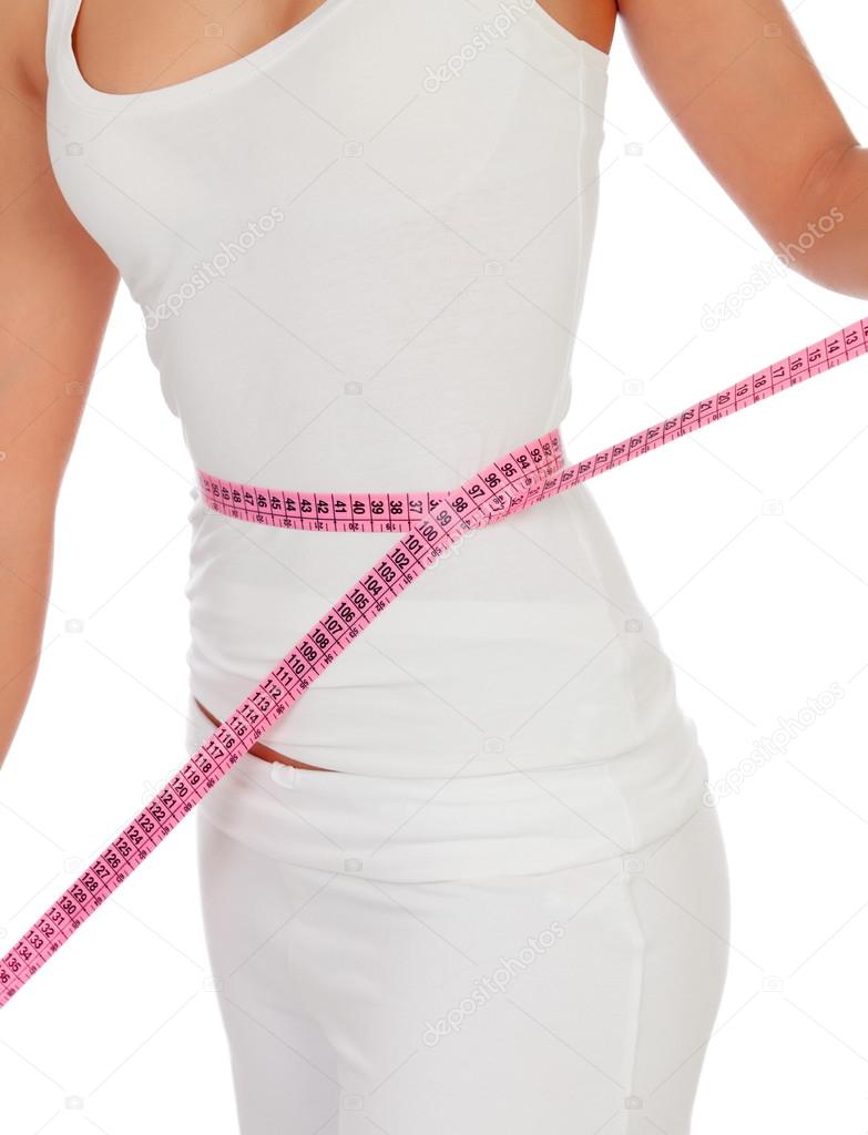 Woman body with a tape measure measuring her waist