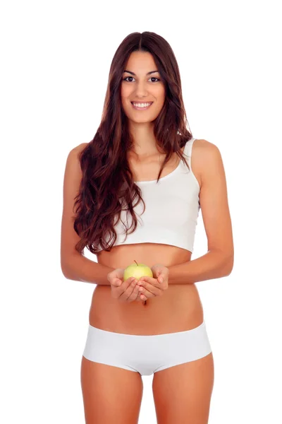 Chica en ropa interior blanca con una manzana — Foto de Stock