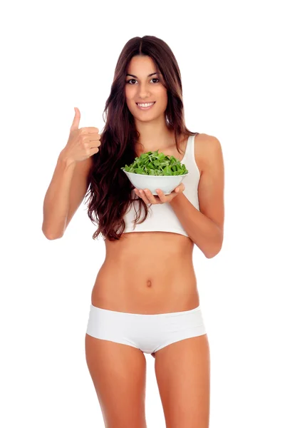 Girl in white underwear eating salda and saying Ok — Stock Photo, Image