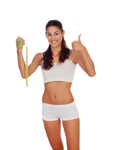 Girl in white underwear with a tape measure around her waist say — Stock Photo, Image