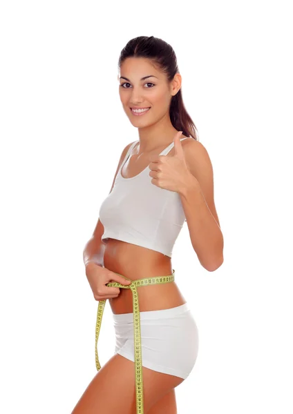 Chica en ropa interior blanca con una cinta métrica alrededor de su cintura dicen — Foto de Stock