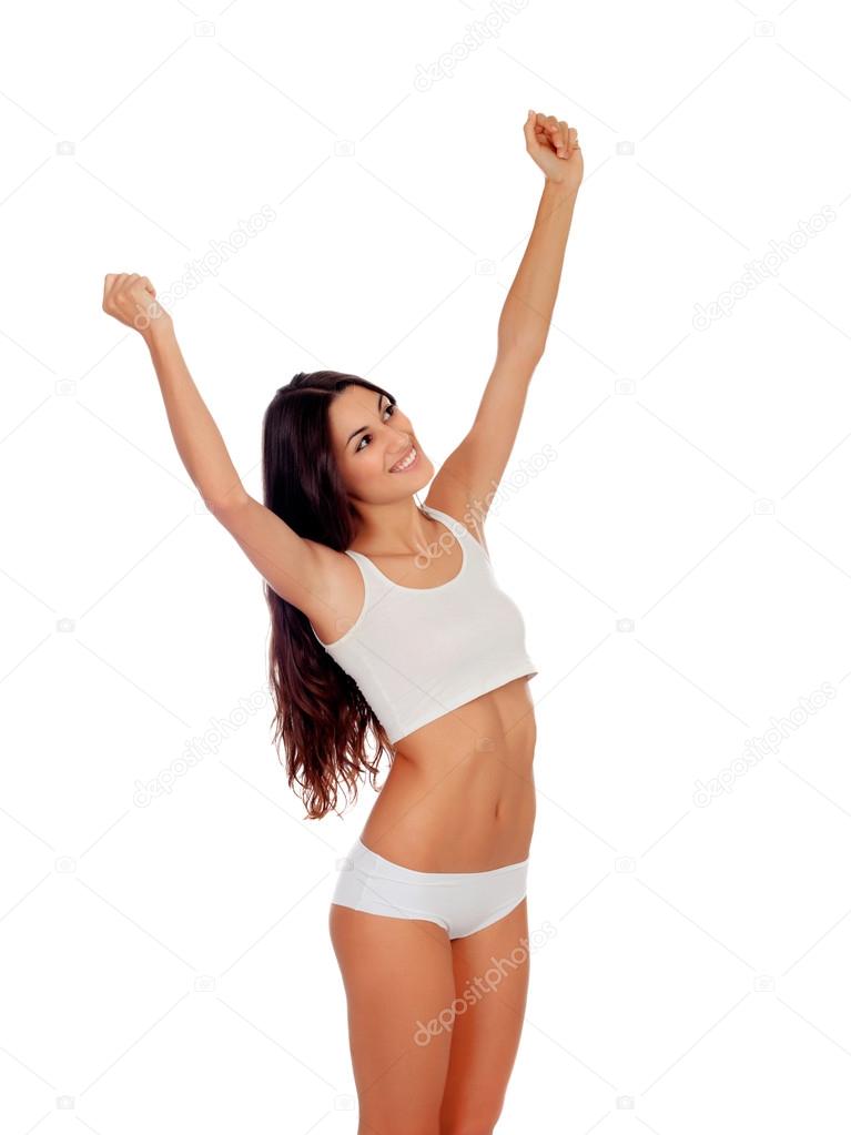 Girl in white underwear with her arms extended