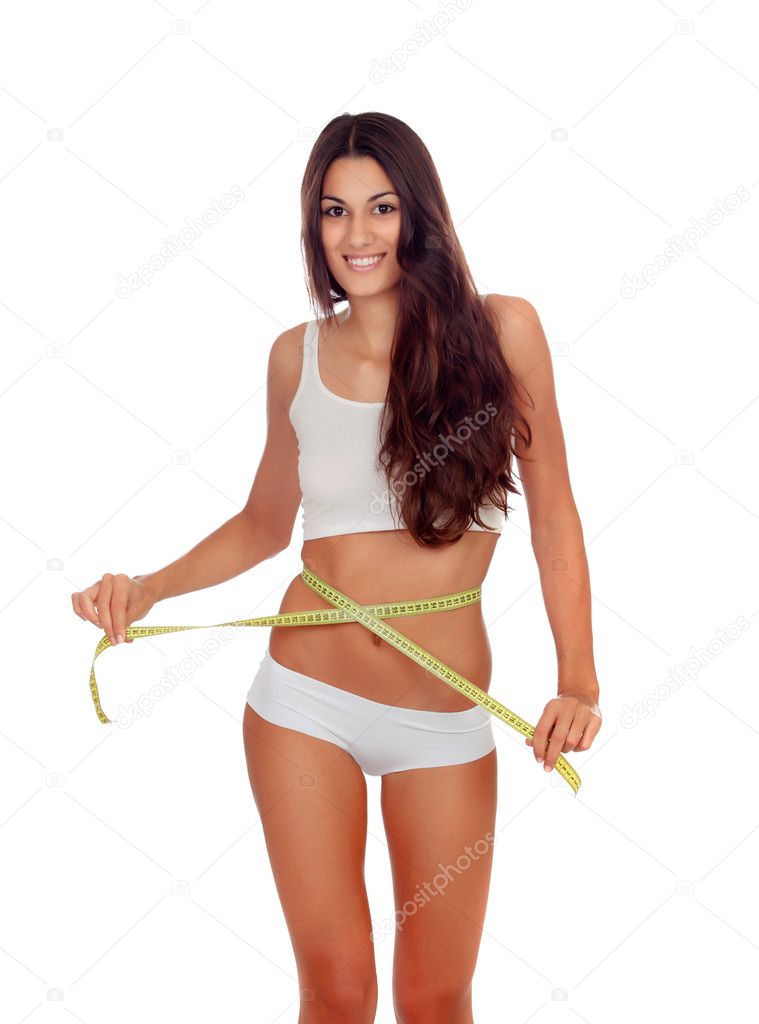 Girl in black underwear with a tape measure around her waist