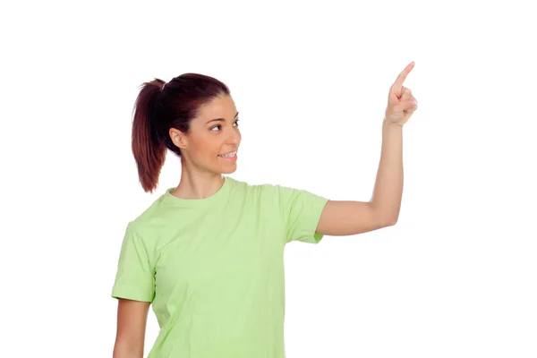 Молодая женщина показывает пальцем — стоковое фото