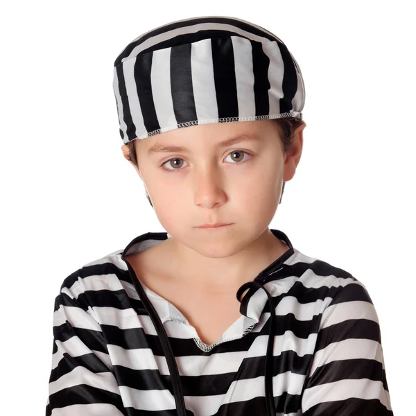 Criança triste com com traje de prisioneiro listrado — Fotografia de Stock