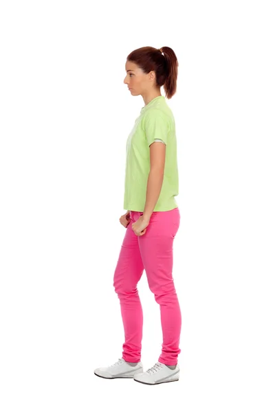 Profil ležérní dívky s růžové džíny — Stock fotografie