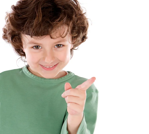 Funny little child in green Stock Photo