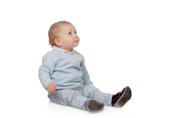 바닥에 앉아 귀여운 금발 아기 로열티 프리 스톡 이미지