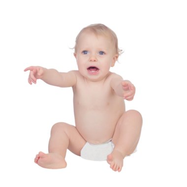 Adorable blond baby in diaper crying sitting on the floor clipart