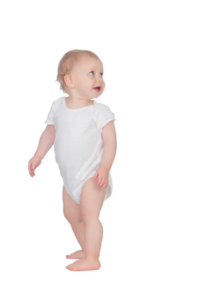 Adorable blonde baby in underwear looking up — Stock Photo, Image