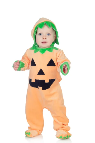 Blond baby in pumpkin suit — Stock Photo, Image