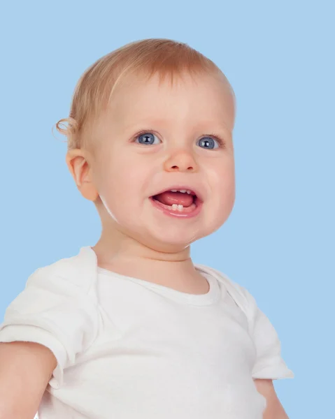 Adorável bebê loiro com dois dentes pequenos — Fotografia de Stock