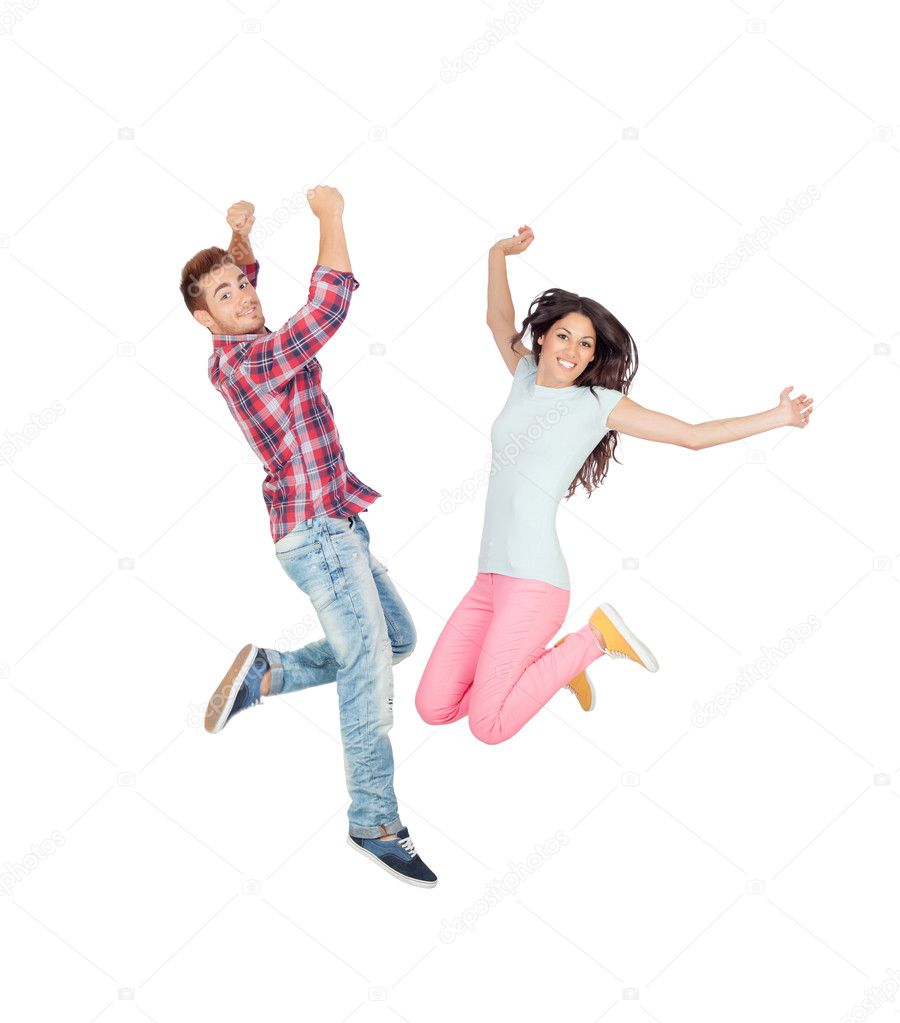 Couple of young lovers jumping