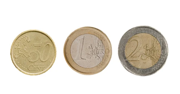 Drie euro munten geïsoleerd — Stockfoto