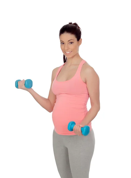 Pregnant woman doing exercise with dumbbells — Stock Photo, Image