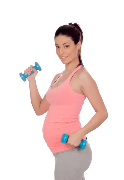 Femme enceinte faisant de l'exercice avec haltères — Photo