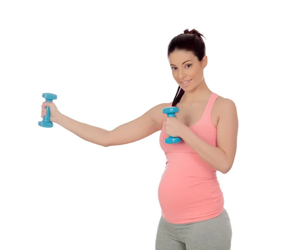 Femme enceinte faisant de l'exercice avec haltères — Photo