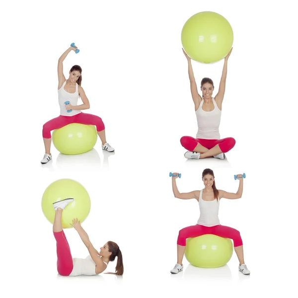 Sequence beautiful woman practicing sport sitting on a pilates b — Stock Photo, Image