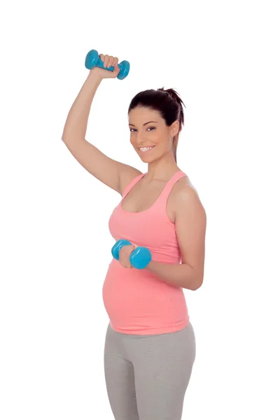 Femme enceinte faisant de l'exercice avec haltères — Photo