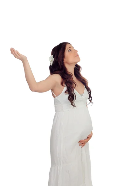 Mujer embarazada con las manos extendidas — Foto de Stock