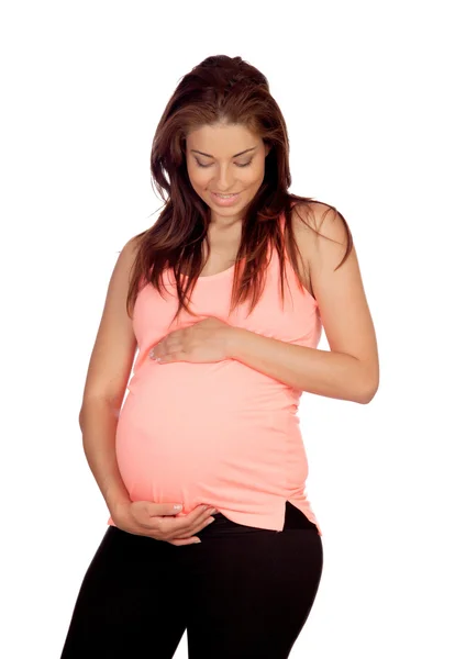 Gravid kvinna med rosa t-shirt — Stockfoto