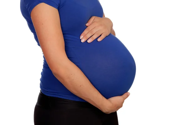 블루 티셔츠로 임신한 여자 — 스톡 사진