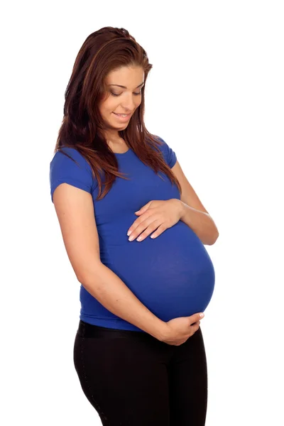Těhotná žena s modré tričko — Stock fotografie