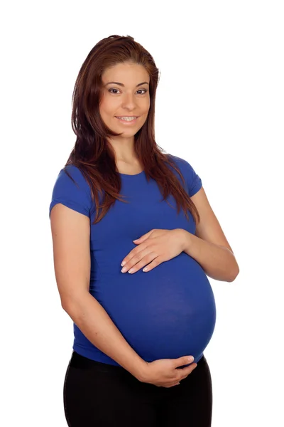 Gravid kvinna med blå t-shirt — Stockfoto