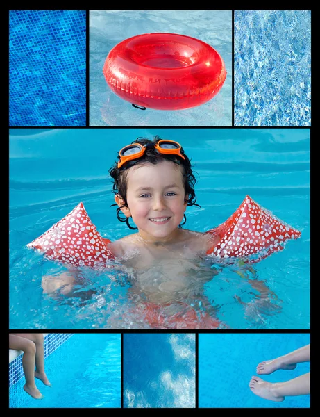 Colagem de uma criança na piscina — Fotografia de Stock