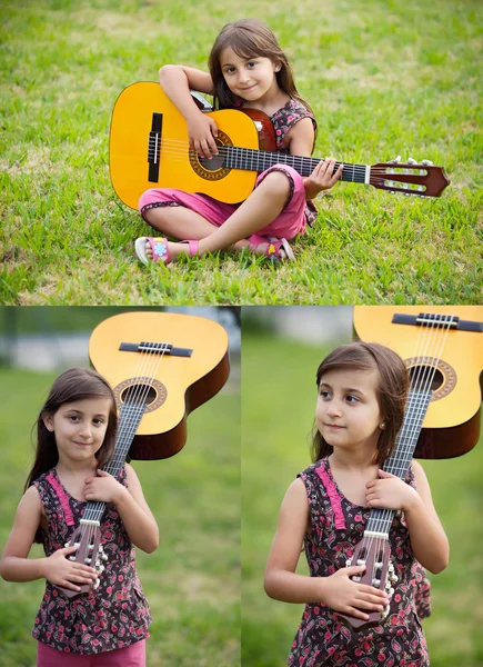 Три изображения красивой девушки с гитарой — стоковое фото