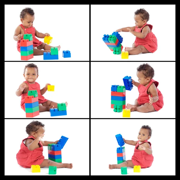 Collage beautiful baby playing with building blocks — Stock Photo, Image