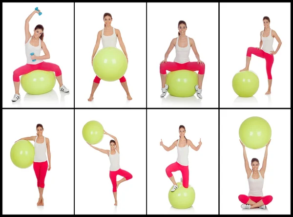 Sequence beautiful woman practicing sport sitting on a pilates b — Stock Photo, Image