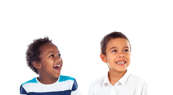 Deux Enfants Levant Les Yeux Isolés Sur Fond Blanc — Photo