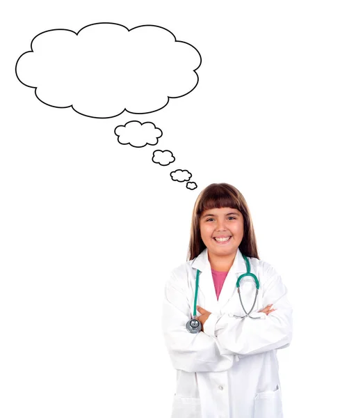 Young Doctor Girl Thinking Something Blank Bubble Isolated White Background — Stock Photo, Image
