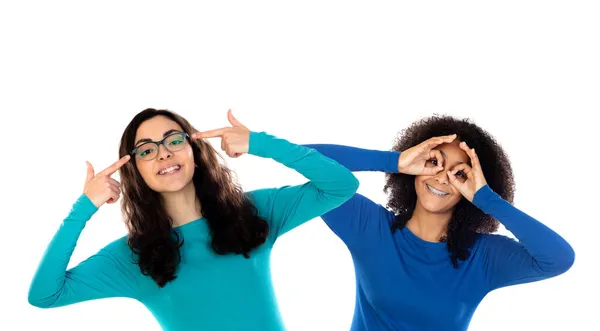 Two Cheerful Teenager Girls Looking Her Hands Glasses — Stock Photo, Image