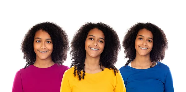 Tři Rovnocenné Sestry Barevnými Trička Izolované Bílém Pozadí — Stock fotografie