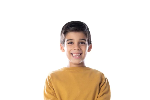 Niño Marrón Con Camiseta Amarilla Aislada Sobre Fondo Blanco — Foto de Stock