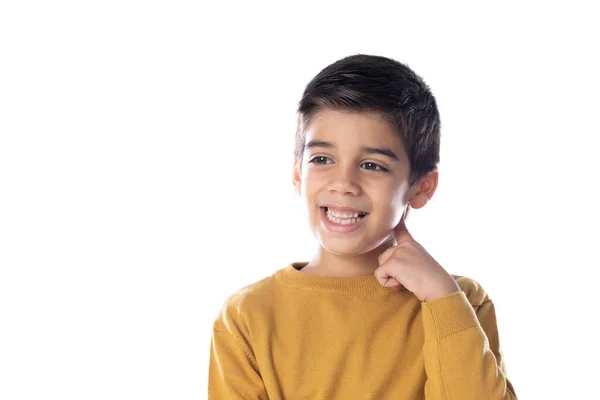 Pensive Cute Spanish Child Yellow Shirt Isolated White Background — Stock Photo, Image