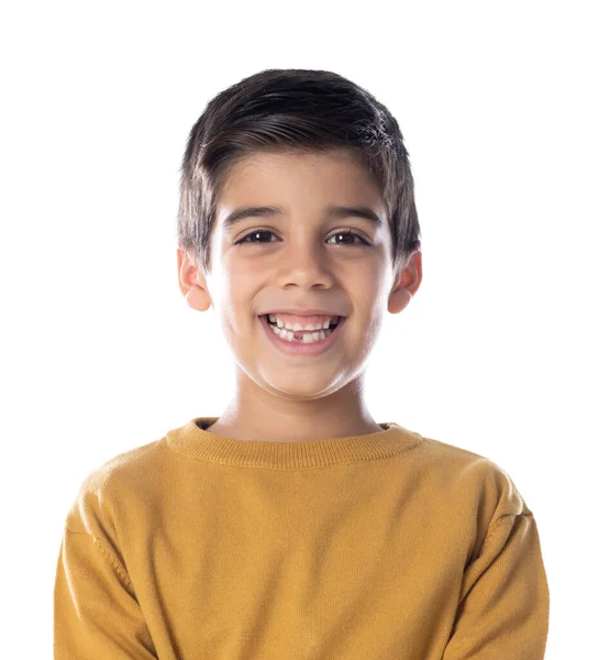 Niño Marrón Con Camiseta Amarilla Aislada Sobre Fondo Blanco — Foto de Stock