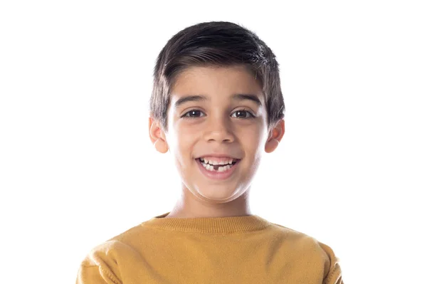 Braunes Kind Mit Gelbem Shirt Auf Weißem Hintergrund — Stockfoto