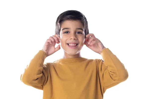 Λατίνο Παιδί Που Καλύπτει Αυτιά Του Απομονωμένο Λευκό Φόντο — Φωτογραφία Αρχείου