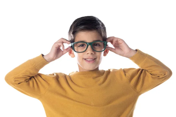 Niño Latino Lleva Gafas Camiseta Amarilla Aislada Sobre Fondo Blanco —  Fotos de Stock